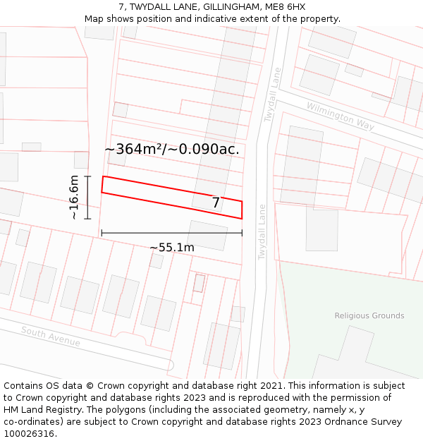 7, TWYDALL LANE, GILLINGHAM, ME8 6HX: Plot and title map