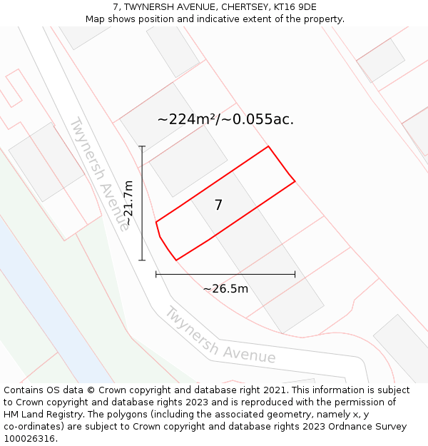 7, TWYNERSH AVENUE, CHERTSEY, KT16 9DE: Plot and title map