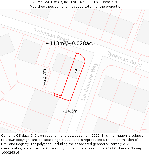 7, TYDEMAN ROAD, PORTISHEAD, BRISTOL, BS20 7LS: Plot and title map