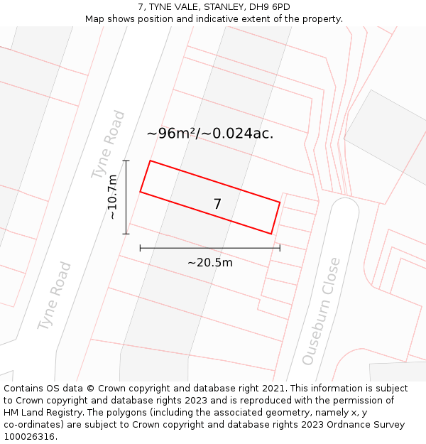 7, TYNE VALE, STANLEY, DH9 6PD: Plot and title map