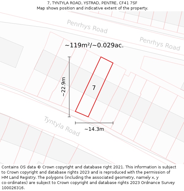 7, TYNTYLA ROAD, YSTRAD, PENTRE, CF41 7SF: Plot and title map