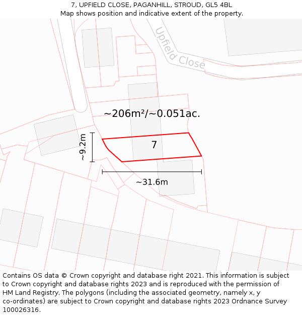7, UPFIELD CLOSE, PAGANHILL, STROUD, GL5 4BL: Plot and title map