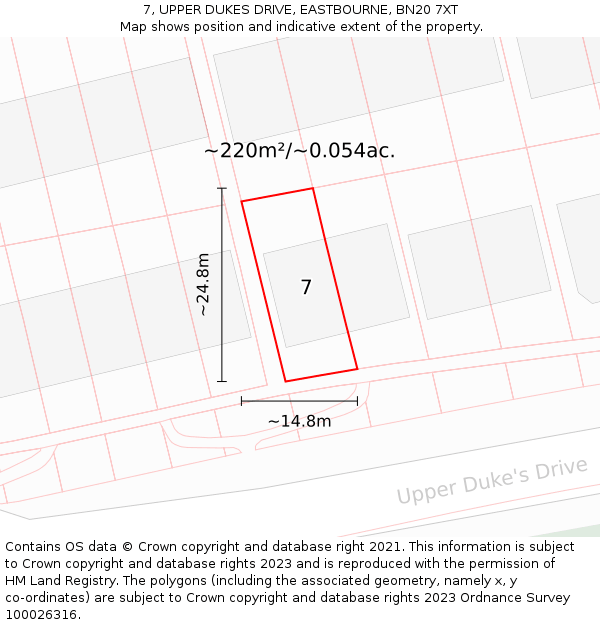 7, UPPER DUKES DRIVE, EASTBOURNE, BN20 7XT: Plot and title map