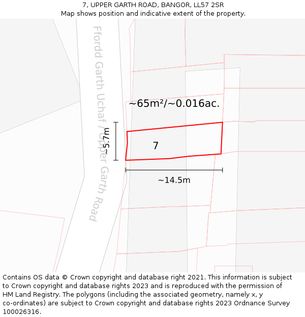 7, UPPER GARTH ROAD, BANGOR, LL57 2SR: Plot and title map