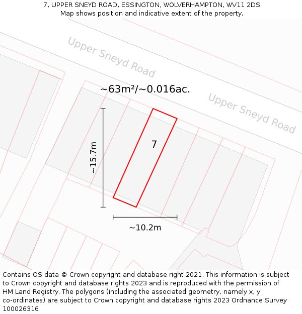 7, UPPER SNEYD ROAD, ESSINGTON, WOLVERHAMPTON, WV11 2DS: Plot and title map
