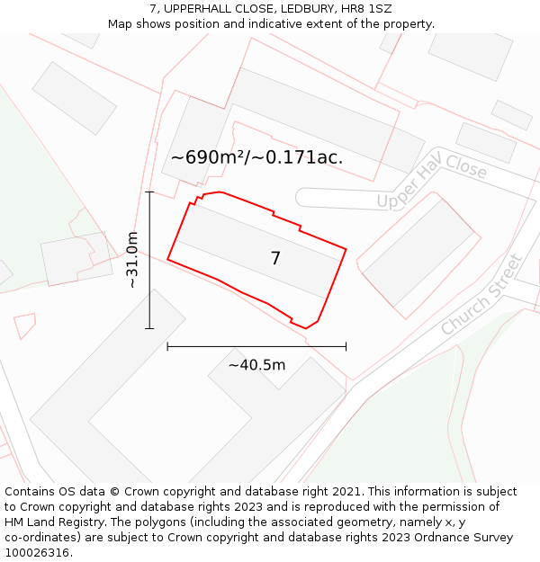 7, UPPERHALL CLOSE, LEDBURY, HR8 1SZ: Plot and title map