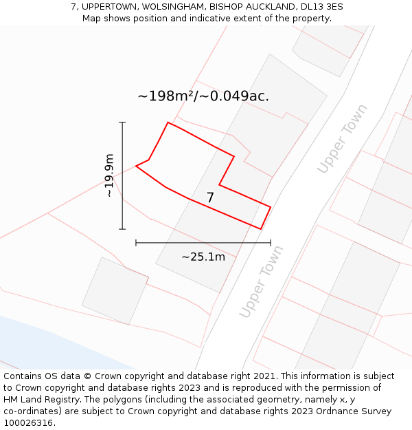 7, UPPERTOWN, WOLSINGHAM, BISHOP AUCKLAND, DL13 3ES: Plot and title map