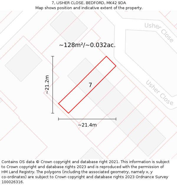 7, USHER CLOSE, BEDFORD, MK42 9DA: Plot and title map