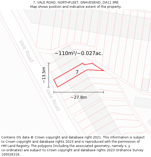 7, VALE ROAD, NORTHFLEET, GRAVESEND, DA11 9RE: Plot and title map