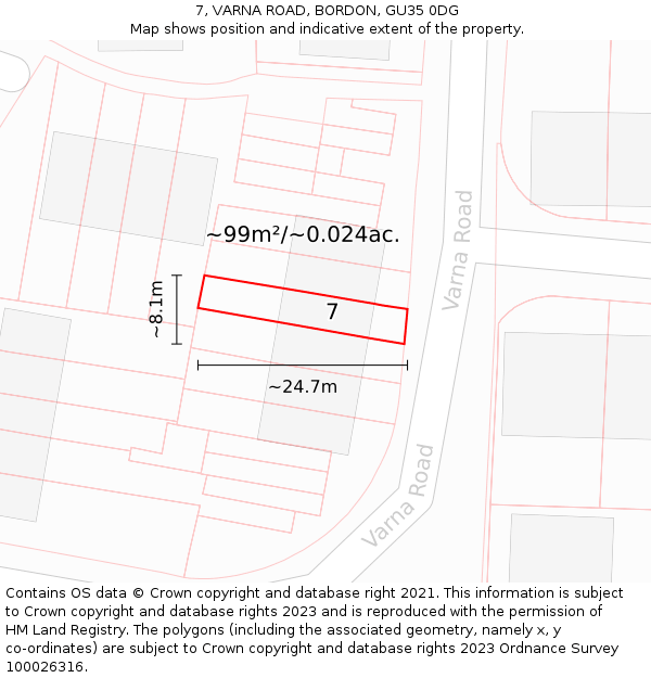 7, VARNA ROAD, BORDON, GU35 0DG: Plot and title map