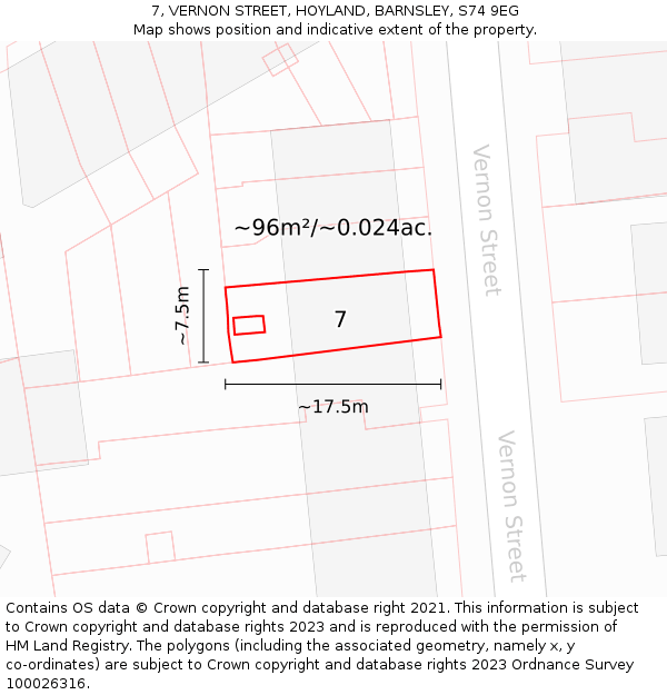 7, VERNON STREET, HOYLAND, BARNSLEY, S74 9EG: Plot and title map