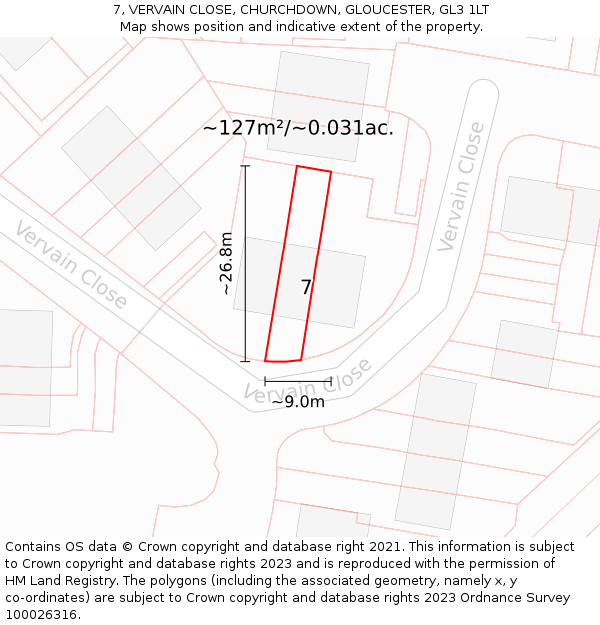 7, VERVAIN CLOSE, CHURCHDOWN, GLOUCESTER, GL3 1LT: Plot and title map