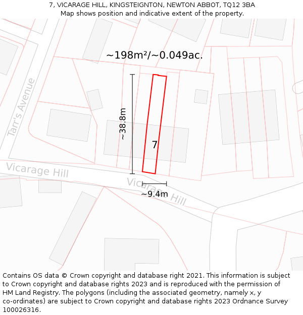 7, VICARAGE HILL, KINGSTEIGNTON, NEWTON ABBOT, TQ12 3BA: Plot and title map