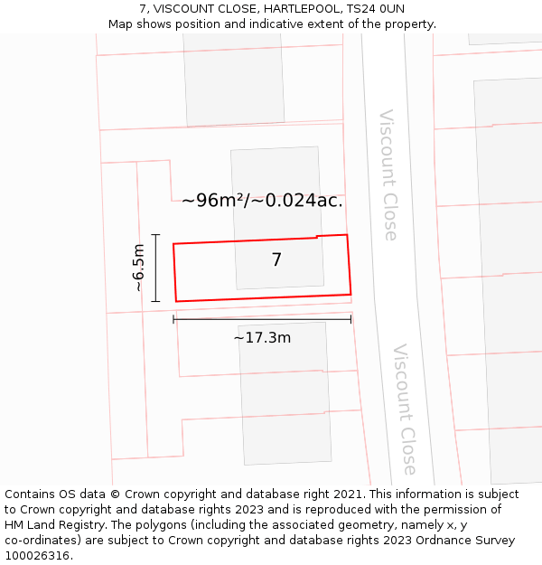7, VISCOUNT CLOSE, HARTLEPOOL, TS24 0UN: Plot and title map