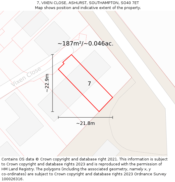 7, VIXEN CLOSE, ASHURST, SOUTHAMPTON, SO40 7ET: Plot and title map