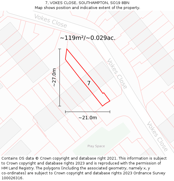 7, VOKES CLOSE, SOUTHAMPTON, SO19 8BN: Plot and title map