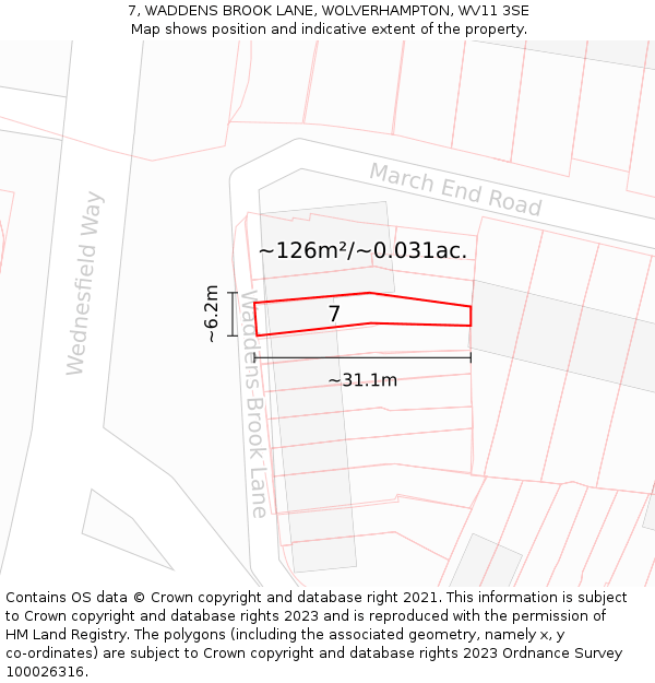 7, WADDENS BROOK LANE, WOLVERHAMPTON, WV11 3SE: Plot and title map