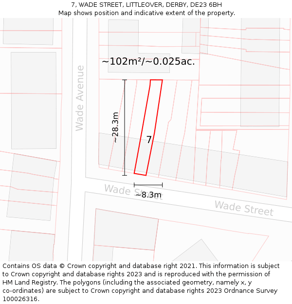 7, WADE STREET, LITTLEOVER, DERBY, DE23 6BH: Plot and title map