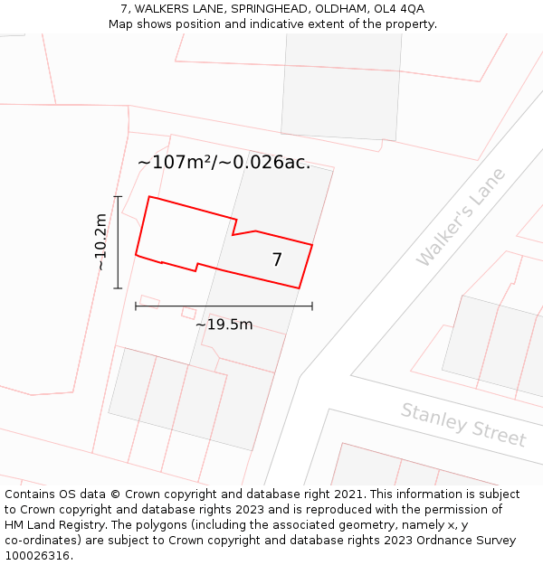 7, WALKERS LANE, SPRINGHEAD, OLDHAM, OL4 4QA: Plot and title map