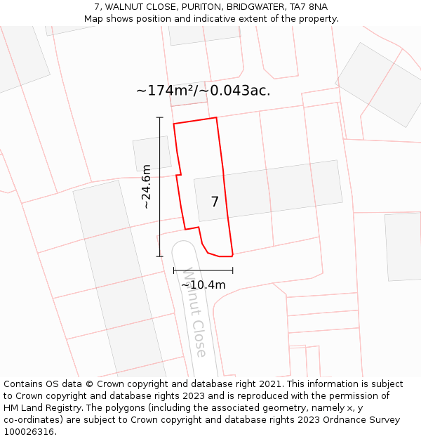 7, WALNUT CLOSE, PURITON, BRIDGWATER, TA7 8NA: Plot and title map