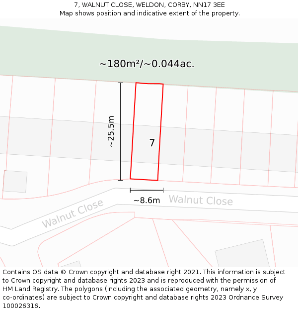 7, WALNUT CLOSE, WELDON, CORBY, NN17 3EE: Plot and title map