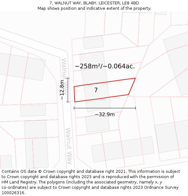 7, WALNUT WAY, BLABY, LEICESTER, LE8 4BD: Plot and title map