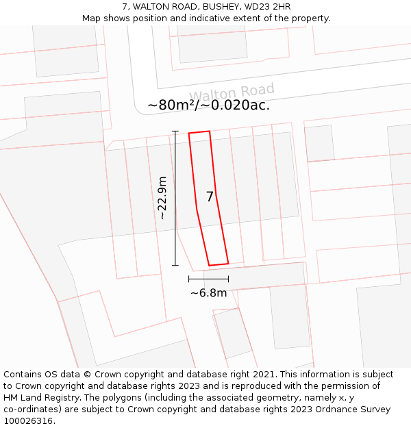 7, WALTON ROAD, BUSHEY, WD23 2HR: Plot and title map