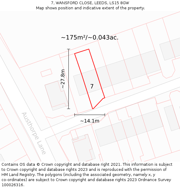 7, WANSFORD CLOSE, LEEDS, LS15 8GW: Plot and title map