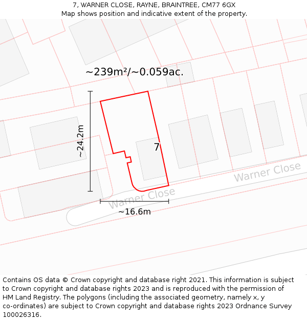 7, WARNER CLOSE, RAYNE, BRAINTREE, CM77 6GX: Plot and title map