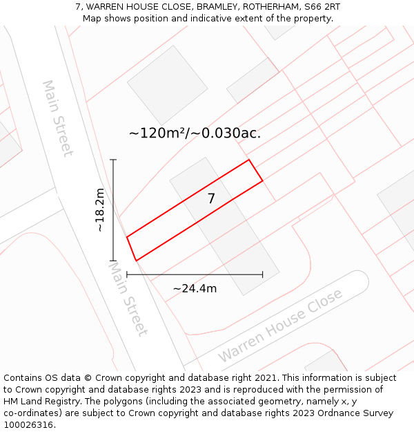7, WARREN HOUSE CLOSE, BRAMLEY, ROTHERHAM, S66 2RT: Plot and title map