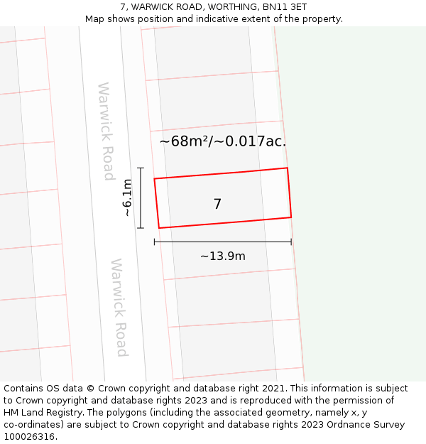 7, WARWICK ROAD, WORTHING, BN11 3ET: Plot and title map