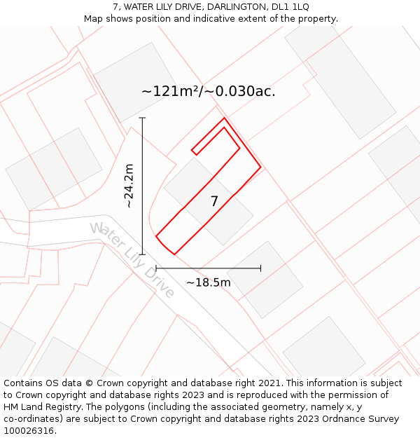 7, WATER LILY DRIVE, DARLINGTON, DL1 1LQ: Plot and title map