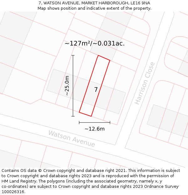 7, WATSON AVENUE, MARKET HARBOROUGH, LE16 9NA: Plot and title map
