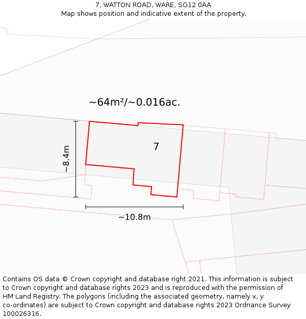 7, WATTON ROAD, WARE, SG12 0AA: Plot and title map