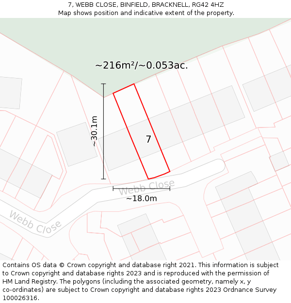 7, WEBB CLOSE, BINFIELD, BRACKNELL, RG42 4HZ: Plot and title map