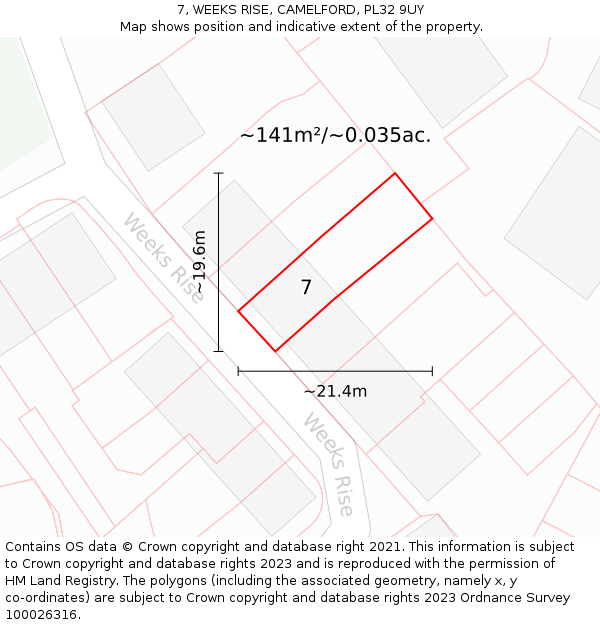 7, WEEKS RISE, CAMELFORD, PL32 9UY: Plot and title map