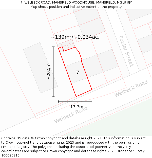 7, WELBECK ROAD, MANSFIELD WOODHOUSE, MANSFIELD, NG19 9JY: Plot and title map