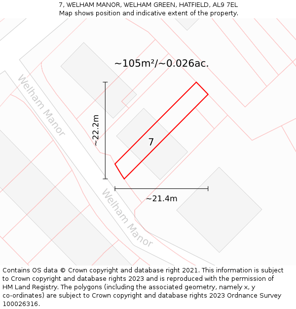 7, WELHAM MANOR, WELHAM GREEN, HATFIELD, AL9 7EL: Plot and title map