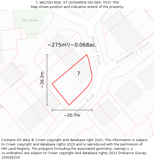 7, WELTON RISE, ST LEONARDS-ON-SEA, TN37 7RG: Plot and title map