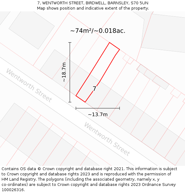 7, WENTWORTH STREET, BIRDWELL, BARNSLEY, S70 5UN: Plot and title map