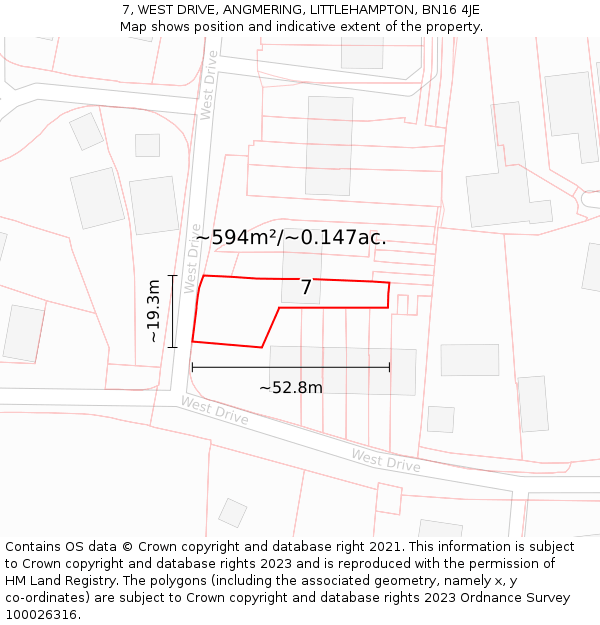 7, WEST DRIVE, ANGMERING, LITTLEHAMPTON, BN16 4JE: Plot and title map