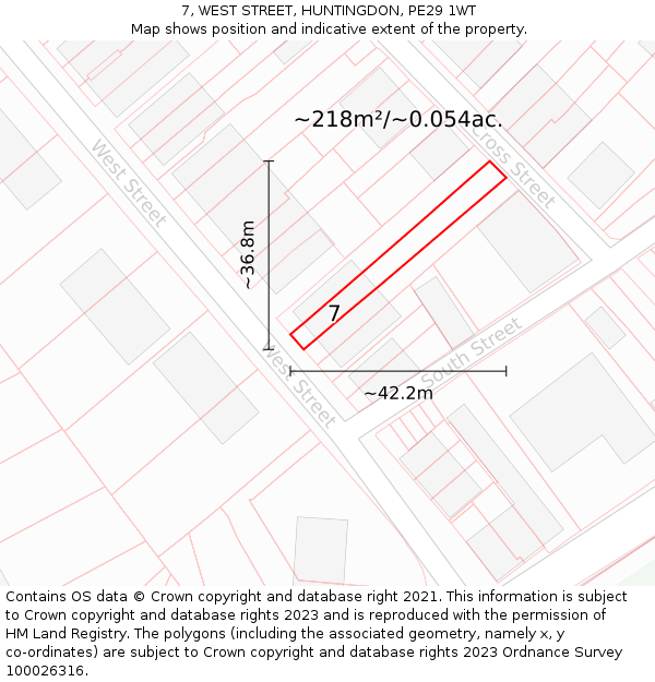 7, WEST STREET, HUNTINGDON, PE29 1WT: Plot and title map