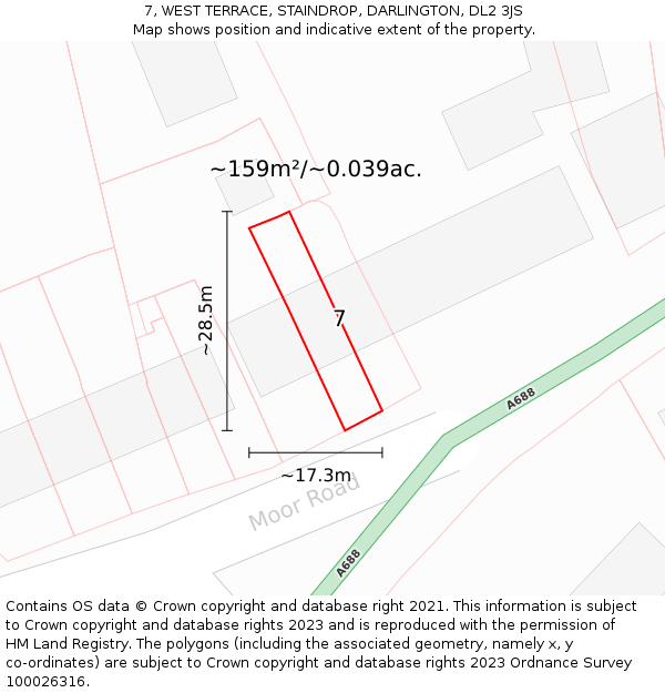 7, WEST TERRACE, STAINDROP, DARLINGTON, DL2 3JS: Plot and title map