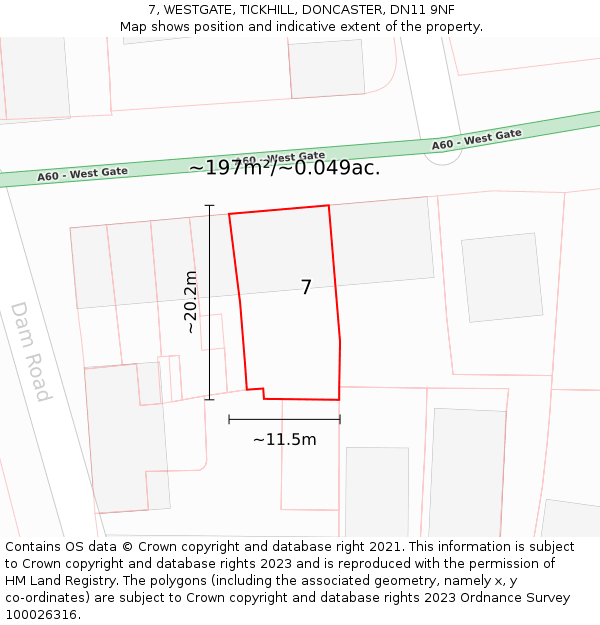 7, WESTGATE, TICKHILL, DONCASTER, DN11 9NF: Plot and title map