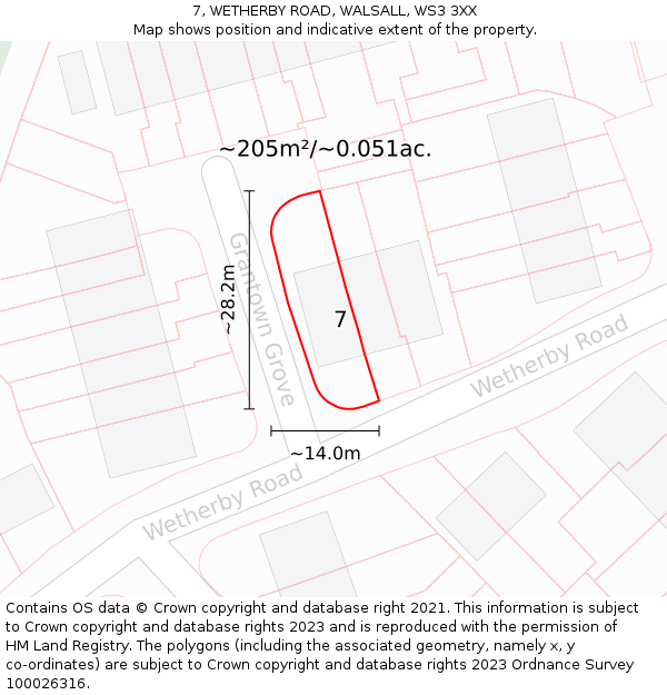 7, WETHERBY ROAD, WALSALL, WS3 3XX: Plot and title map