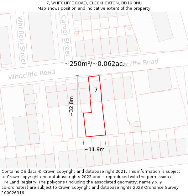 7, WHITCLIFFE ROAD, CLECKHEATON, BD19 3NU: Plot and title map