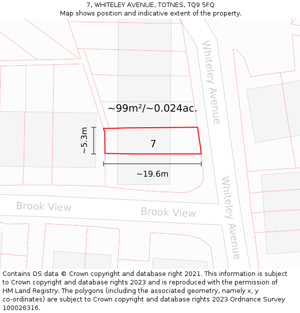 7, WHITELEY AVENUE, TOTNES, TQ9 5FQ: Plot and title map