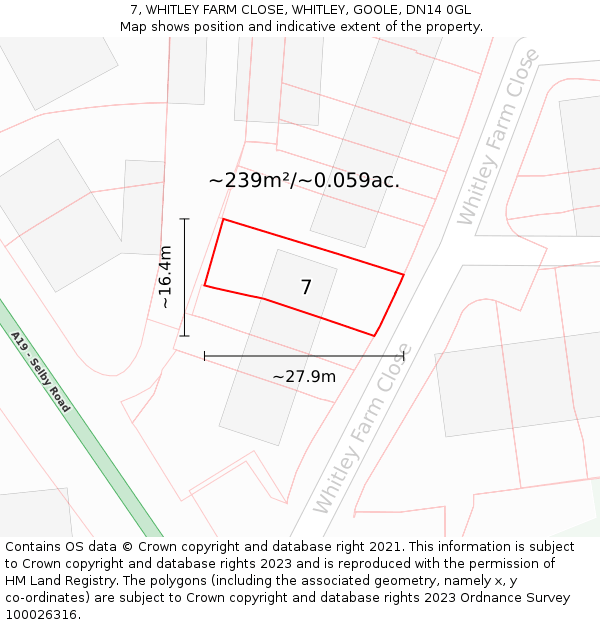 7, WHITLEY FARM CLOSE, WHITLEY, GOOLE, DN14 0GL: Plot and title map