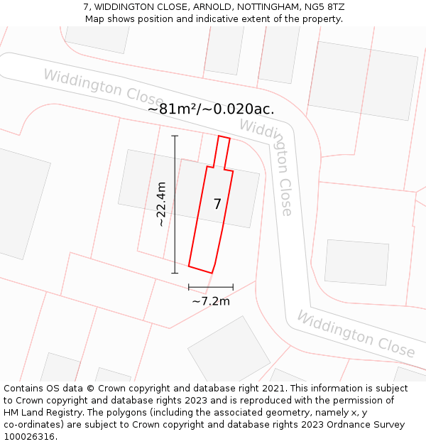 7, WIDDINGTON CLOSE, ARNOLD, NOTTINGHAM, NG5 8TZ: Plot and title map