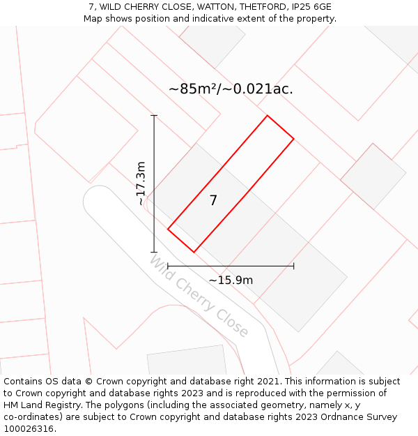 7, WILD CHERRY CLOSE, WATTON, THETFORD, IP25 6GE: Plot and title map